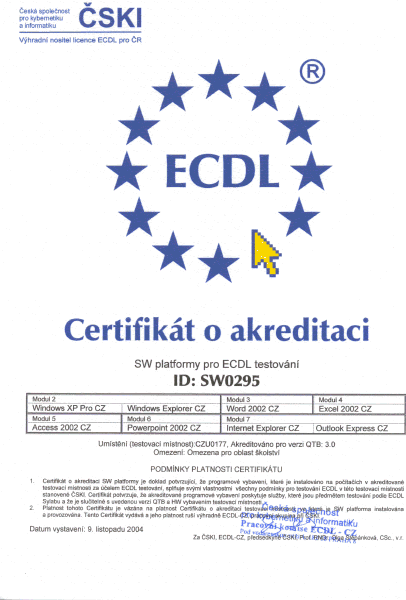 DETAIL - certifikát ECDL